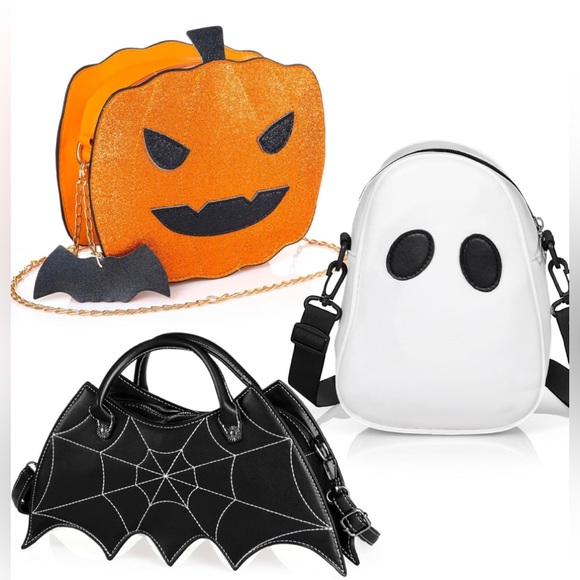NWT 3 Pcs Halloween PU Leather Bat Wing Spider Web Shoulder Bag Pumpkin Ghost